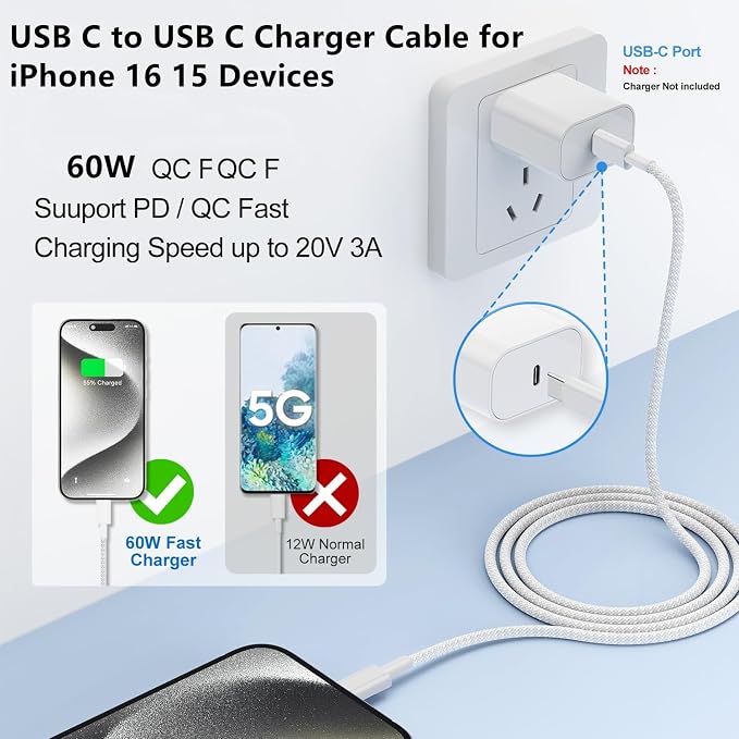 USB C to C Charger Cable 6ft, 60W Type C to C Fast Charging Cable Cord Long for Apple iPhone 17 Pro Max/17 Air/16 Pro Max/16 Pro/15 Plus/15 Pro Max/MacBook 2021/2020/2019,iPad Pro/Mini/Samsung Galaxy