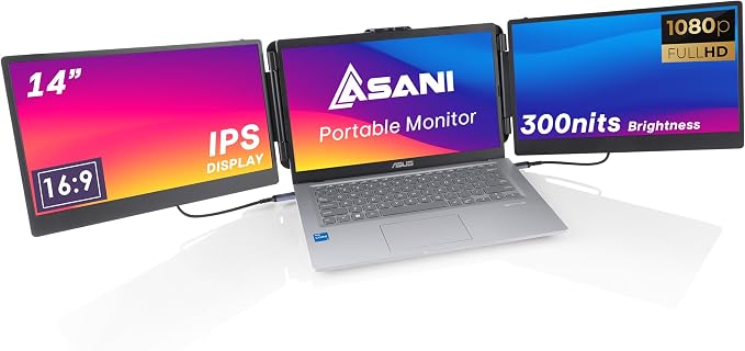 Asani 14" Portable Monitor - Full HD Tri-Screen Extender for Laptops, USB Type-C plus HDMI, Plug and Play, Compatible with 13"-17" Laptops, 1080P IPS Panel Display, 300nits Brightness, MacOS & Windows