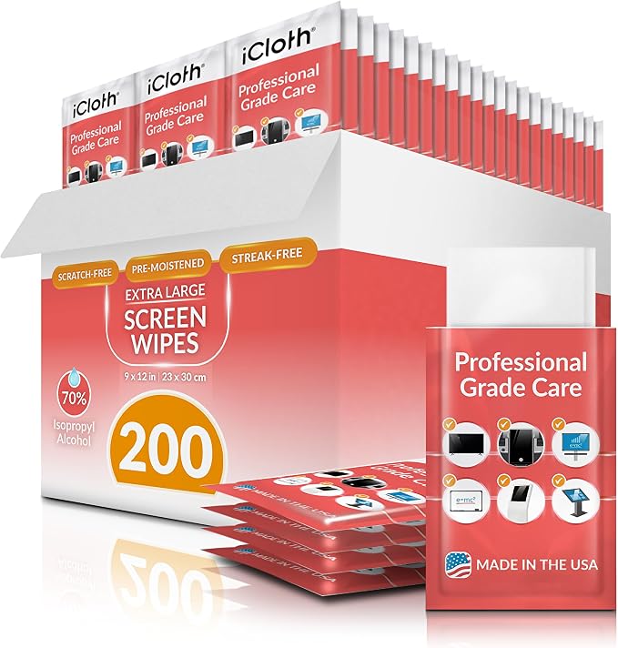 iCloth 70% Isopropyl Alcohol XL Screen and Electronics Wipes, Lint-Free, Streak-Free, Fast-Drying, Removes Dust and Fingerprints, 192 Wipes