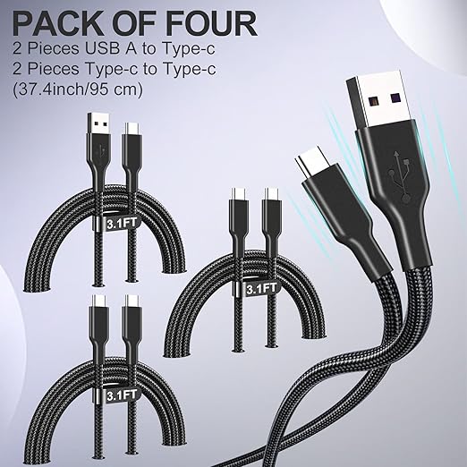 4 Pack Braided Charging Cable 60W 3.1FT(2 Pack USB to USB C and 2 Pack USB C to USB C) Type C 60W Fast Charging Cable for iPhone 17 Series/16 Series/15 Series,iPad,AirPods,Watch,Samsung and More