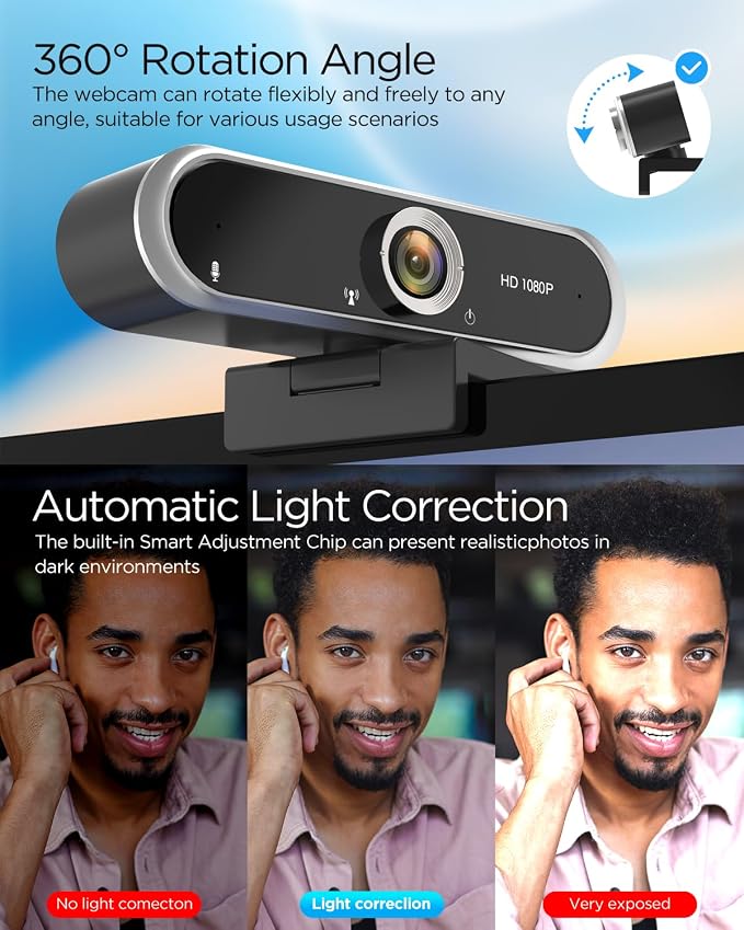 Webcam 1080P with Microphone & Privacy Cover for PC/Laptop, USB Computer Camera Plug & Play with Auto Light Correction for Video Calls, Live Streaming Gaming & Online Meetings