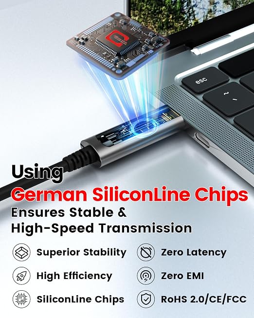 USB C Fiber Optic Cable 65FT, 10Gbps Active Optical USB 3.2 Gen2 Cable with German SiliconLine Chip, Long Distance for Machine Vision,Logitech 4K Camera,VR/AR,Video Conference,Industrial Equipment