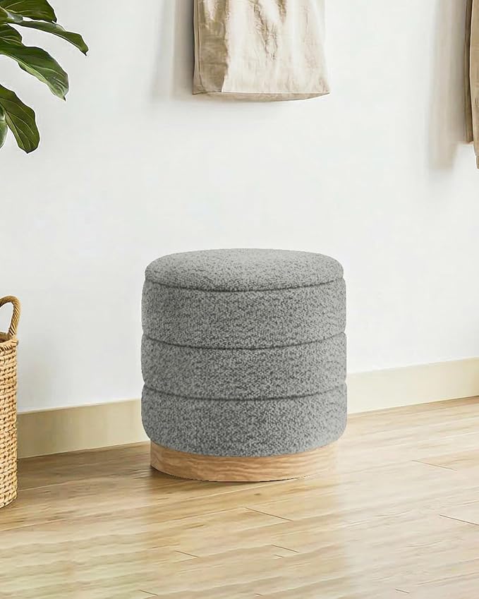 B FSOBEIIALEO Round Storage Ottoman with Tray, Folding Ottoman with Storage Coffee Table Foot Rest for Dorm Room Living Room Chenille Fabric,Grey,15.35"x15.35"x14.57"