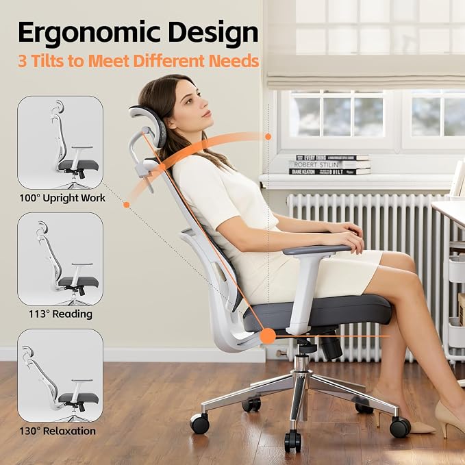 Ergonomic Office Chair, Home Office Desk Chairs, 3D Lumbar Support High Back Desk Chair, Comfortable Computer & Gaming Chair for Office & Home - Silver