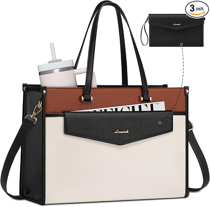 LOVEVOOK Laptop Bag for Women, 17.3'' Laptop Tote Purse 2-in-1 Professional Work Bag Business Briefcase with Clutch Purse, Waterproof Leather Computer Handbag for Teacher Office Travel