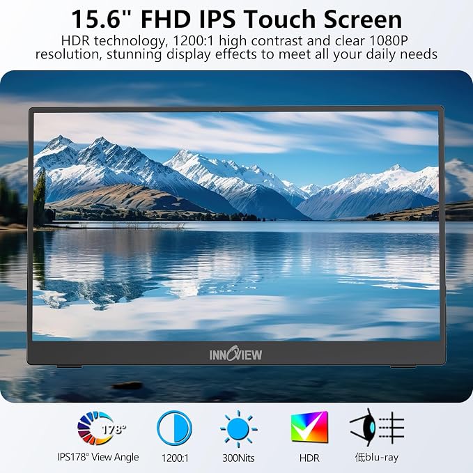 InnoView 15.6" Portable Monitor 60Hz Touchscreen 1080P 10-Point Touch Screen Monitor Portable with Protective Sleeve Built-in Stand, 1200:1 HDMI USB C Travel Monitors for Laptop, PC, Phone