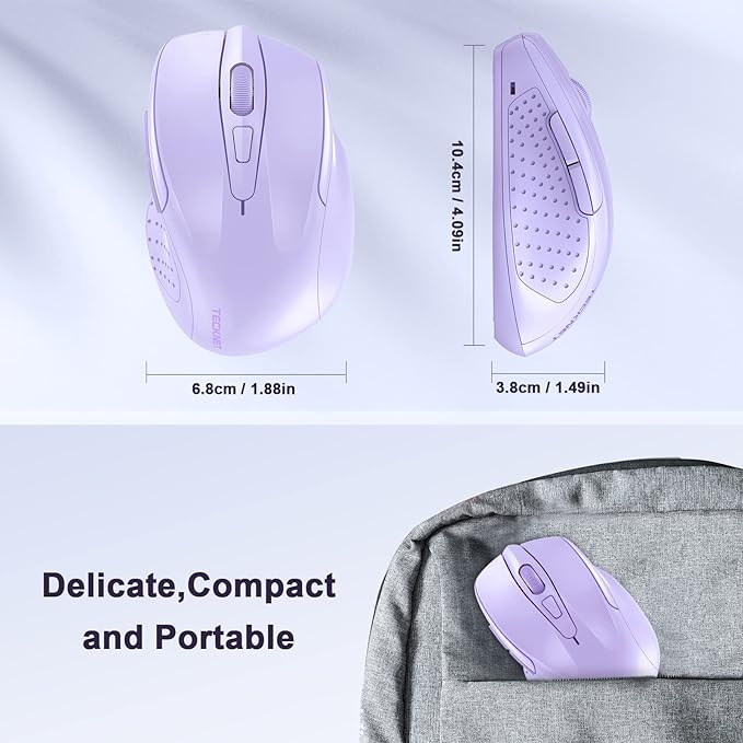 TECKNET Wireless Mouse, 2.4G Ergonomic Optical Mouse, Computer Mouse for Laptop, PC, Computer, Chromebook, Notebook, 6 Buttons, 24 Months Battery Life, 2600 DPI, 5 Adjustment Levels - Lavender