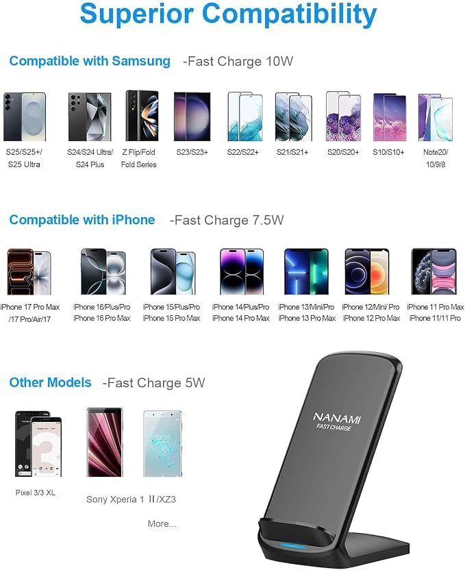 NANAMI Wireless Charger [2 Pack] - 10W Fast Wireless Charging Stand for iPhone 17/17 Air/16/16 Plus/15/14/13/12, Cordless Phone Charger for Samsung Galaxy S26/S26+/S25/S25 Ultra/S24/S23/S22, Pixel 6