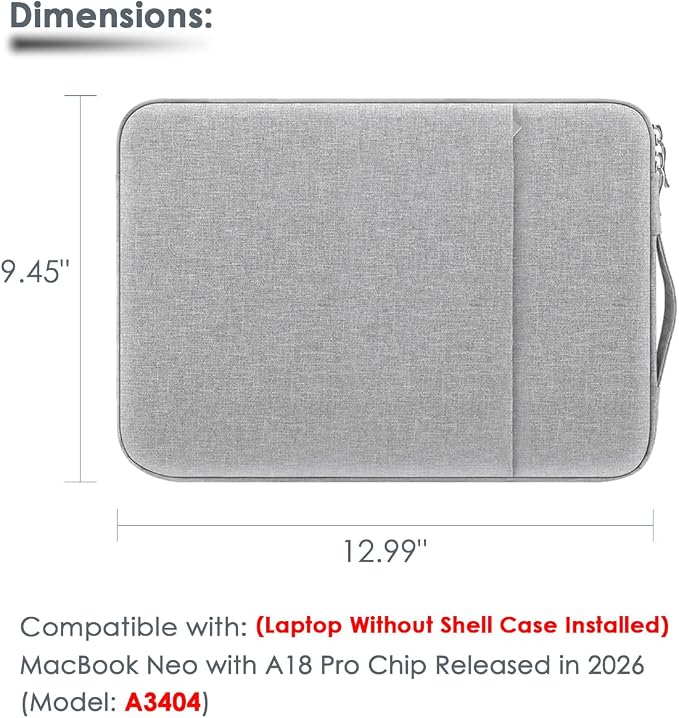 Laptop Sleeve Case for MacBook Neo 13'' with A18 Pro Chip Released in 2026 (Model:A3404) Protective with Handle Travelling Carrying Canvas Bag Accessories for Students Home Office (Gray)