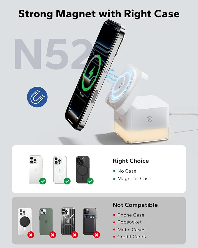 KPON 3 in 1 MagSafe-Compatible Charging Station for Apple, Nightstand Fast Wireless Charger, Foldable Cube, Charging Stand with Night Light, for iPhone 17/16/15/14/13/12, Apple Watch/AirPods, White