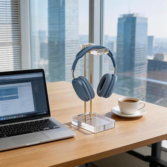 Acrylic Headphone Stand for Desk, Crystal Clear Headset Holder with Gold Metal Accent, Stable Non-Slip Base, Universal Gaming Headphone Hanger for PC Setup, Office & Home Desk Accessories