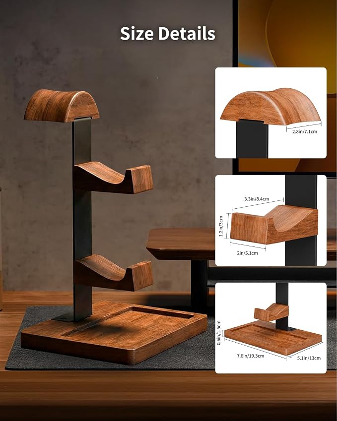 Headset Stand with Controller Holder, 3-in-1 Solid Walnut Wood Gaming Desk Organizer, Compatible with Controllers, Display Mount for AirPods Max, Bose, Sennheiser, Gift for Gamers