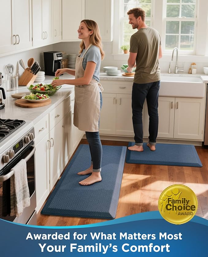 Ophanie Kitchen Mats for Floor, 3/4 inch Thick, 20x32 Anti Fatigue Cushioned Mat, Kitchen Rugs, Waterproof, Comfort Ergonomic Standing Mat for Office, Home, Sink, Blue Non-Slip Ridged Bottom