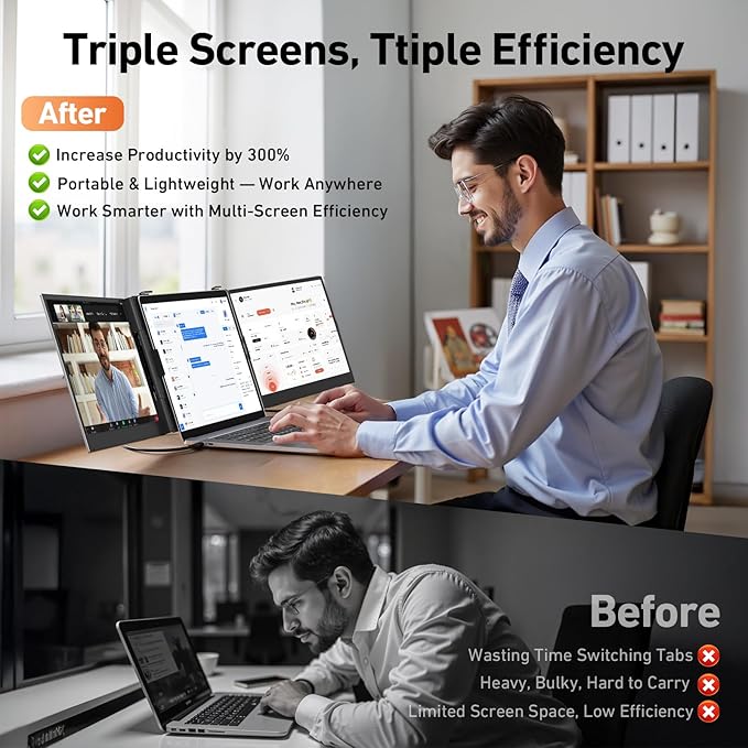 Vixtan 2.2lb Ultra-Light Laptop Screen Extender, 14" Triple Portable Monitor for Laptop, Ultra-Thin 1080P FHD Monitors for 13-17.3" Laptops, Triple Monitor Extended for Windows/Mac/Chrome
