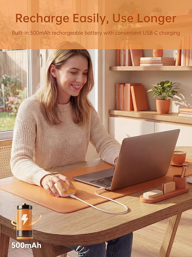 hunart H6 49g Wireless Mouse, Bluetooth & 2.4GHz Rechargeable Mouse, Lightweight Silent Ergonomic Mouse with USB-C Charging, Portable Right-Hand Office Mouse for Laptop, PC, MacBook, Office(Orange)