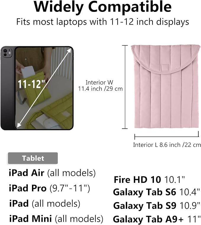Puffy Laptop Sleeve 11-12 Inch Lilac Pink, Protective Carrying Case for Men and Women, Cute Case Bag Compatible with 11 and 12 Inch Laptops, 10.9" Ipad 10, 10.2" Ipad 7 8 9 in Cover