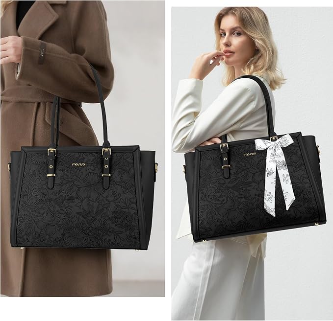 MOSISO Laptop Bag for Women, 15.6-16 inch PU Leather Tote Bag Compatible with MacBook, HP, Dell, Asus Notebook, Front Embossed Retro Hibiscus Computer Bags with Silk Scarf&Clutch Purse, Black