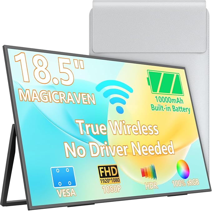 MAGICRAVEN Wireless Portable Monitor for Laptop, 18.5" Portable Monitor with Battery-1080P FHD Second Screen for Home & Office, AirPlay & Miracast Casting, No Cables or Drivers Needed