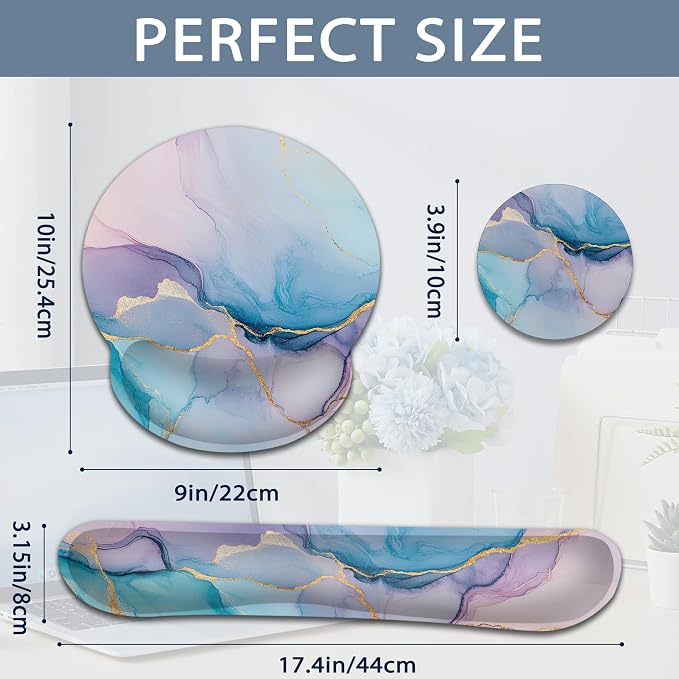 Pink Marble Wrist Rest Support for Mouse Pad Keyboard Set, Blue Gold Flowing Marble Mouse Pad with Non Slip Rubber Base for Home and Office Typing Support