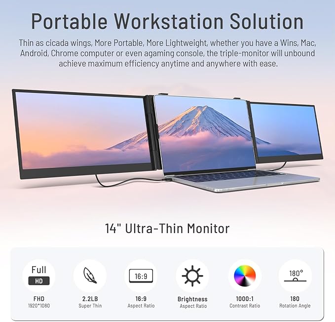 Triple Laptop Screen Extender, 14.1'' FHD 1080P Ultra-Slim Portable Monitor for Laptops, Two Cable USB-C Travel Monitor Extender Plug & Play for 13"-17" Laptop, Compatible with Wins/Mac/Android/Chrome
