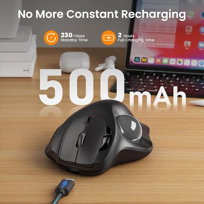 SABLUTE MAM2 Wireless Trackball Mouse with 5-Level DPI, Ergonomic Mouse 2.4G Plug-and-Play for 3 Devices (Bluetooth or USB Receiver), 500mAh Battery, Compatible with PC/Laptop/Mac/Windows-Grey Ball