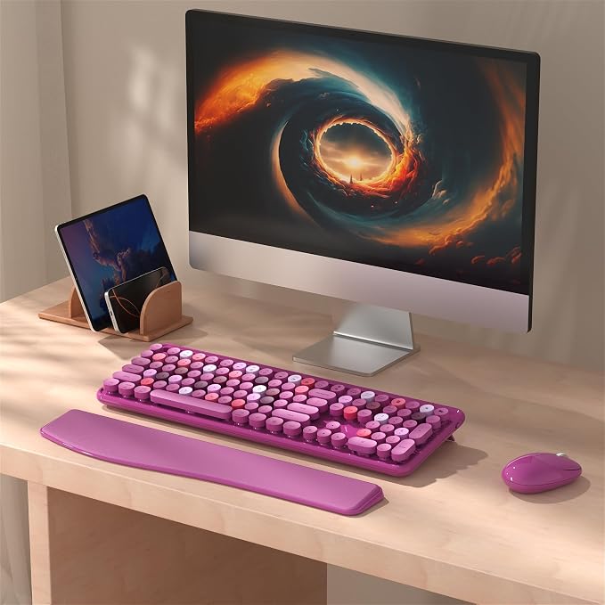 MPTOG Colorful Wireless Computer Keyboard and Mouse Combo with Phone Holder, Wrist Rest, Typewriter Keys, 2.4GHz Wireless, Full-Sized Optical Mouse for PC and Laptop (Rose-Red)