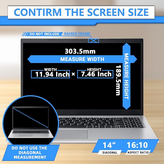 ZOEGAA Magnetic Laptop Privacy Screen 14 Inch 16:10, for HP Dell Acer Asus Samsung Lenovo Thinkpad, Removable Privacy Screen Laptop, Anti Spy, Anti Glare, Blue Ray Reduction
