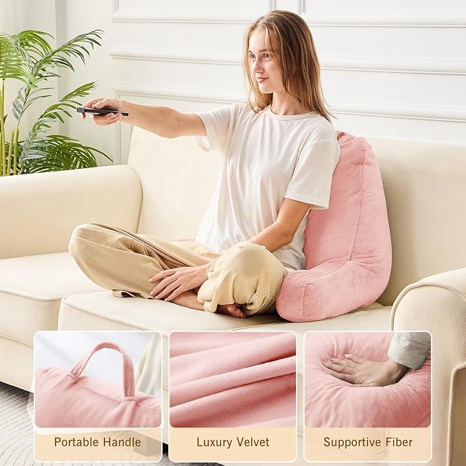 Sasttie Reading Pillow, Velvet Back Pillow for Bed Sitting Up, Adult Back-Rest Support Cushion with Arms for Sit Up on Couch, Sofa, and Floor, Dorm Essentials, Reading Accessories, Peach