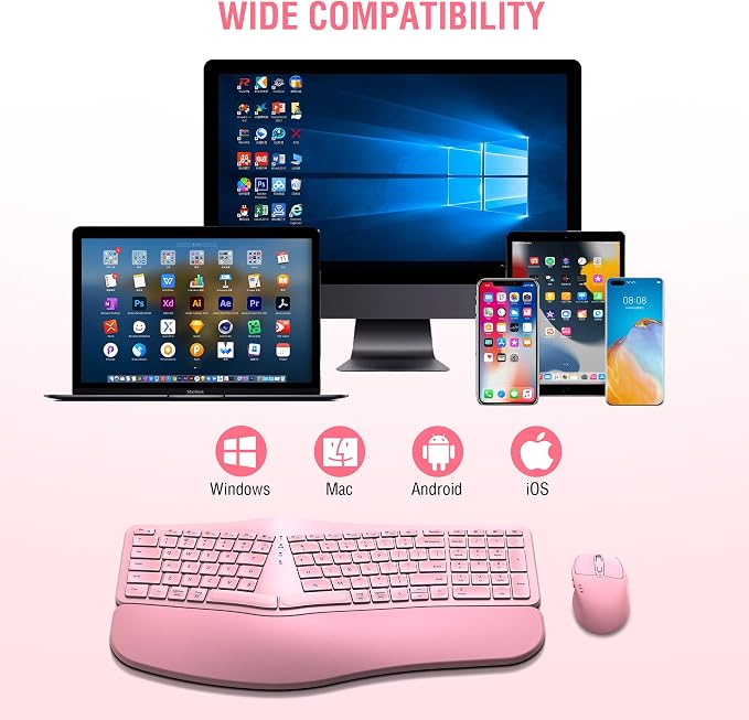 Ergonomic Wireless Keyboard Mouse Combo, EDJO Bluetooth/2.4G Dual Channel, Split Design, Soft Foam Palm Rest, 4 Level DPI Adjustable Wireless Mouse, Rechargeable, for Windows/Mac/Android(Pink)