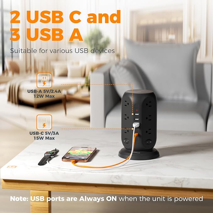 TESSAN Tower Power Strip with Individual Switches, Surge Protector with 12 Outlets, 5 USB Ports(2 USB C), Flat Extension Cord 10 Ft, 1250W, Charging Station for Multiple Devices, Office, Dorm, Black
