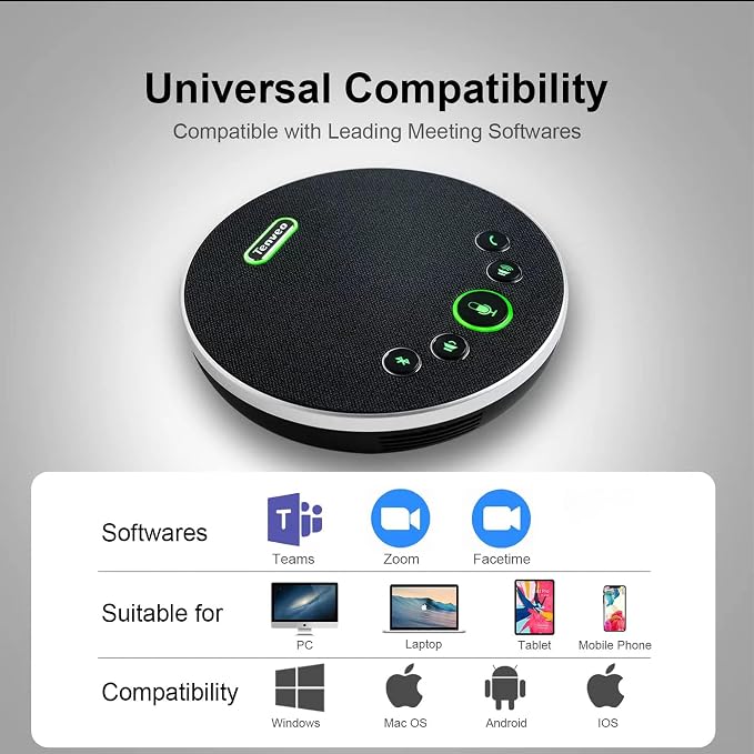 Tenveo Conference Speaker Microphone, Bluetooth/Dongle/USB Connectivity, 4 AI Noise Mics and 360° Sound Pickup,Compatible with Zoom, Teams, OBS, Supports 10-12 People for 8 Hours of Talk Time