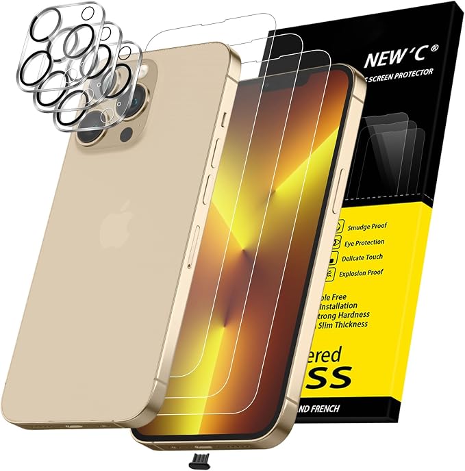 NEW'C 3x for iPhone 13 Pro Max Screen Protector (6.7 inches)+ 3x Camera Lens Protector, Sensor Protection + Dust Plug - Case Friendly Tempered Glass Film, Ultra Resistant