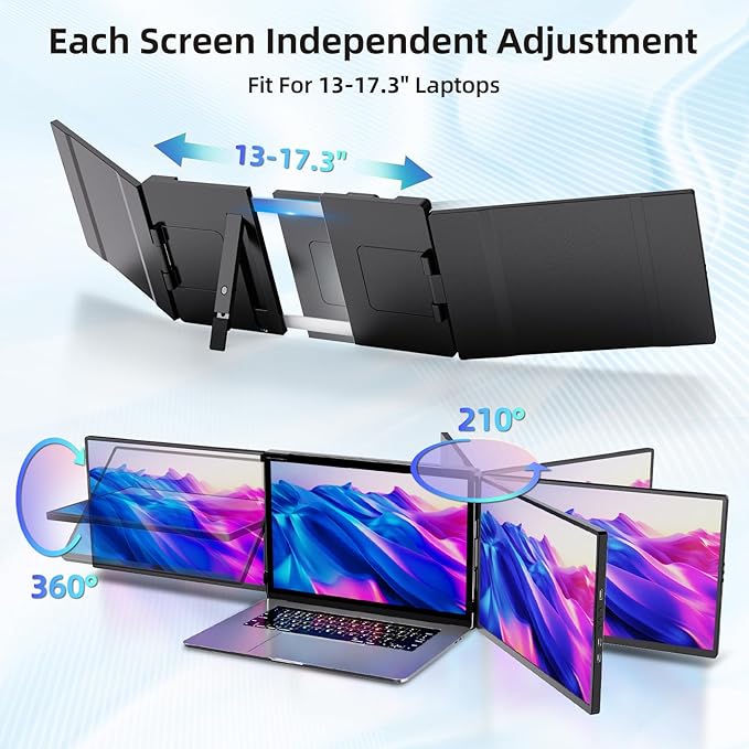 Laptop Screen Extender Monitor Portable - 2.5K Triple Laptop Screen Extender, Plug and Play Multiple Screens Extended Fits 13-17.3 Inch Laptops Compatible with, Windows, Chrome, Dex