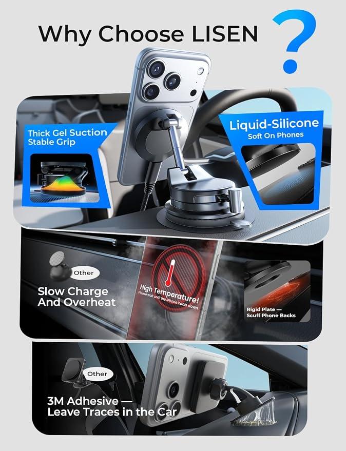 LISEN for 15W Magsafe Car Mount Charger, Magnetic Phone Holders for Your Car, Magnetic Wireless Car Charger, Suction Phone Mount for Car Accessories for iPhone 17 Pro Max 16 15 14 13 12, Pads & Mats