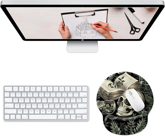 Hancynir Goth Funny Skull Plant Mouse Pad with Wrist Rest, Gothic Book Leaves Ergonomic Mouse Pads, Computer Mousepad with Non-Slip Base, Cute Mouse Pad for Desk Accessories Office Decor Supplies