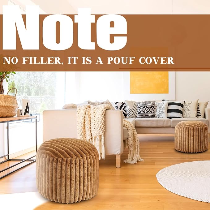 Teenyyou 2 Pcs 20 x 15 Inch Unstuffed Pouf Cover Ottoman Foot Rest - No Filler, Faux Rabbit Fur Foot Stool Floor Bean Bag Floor Chair Storage for Living Room Bedroom Home Decor(Brown)