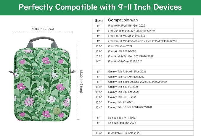 Dadanism 9-11 Inch Tablet Sleeve Bag Carrying Case with Shoulder Strap for iPad (A16) 11", iPad 10th Gen 10.9", iPad Air M4/Pro M5 11", iPad 9/8/7th 10.2", Galaxy Tab A11+ Plus 11", Cyan+Flower