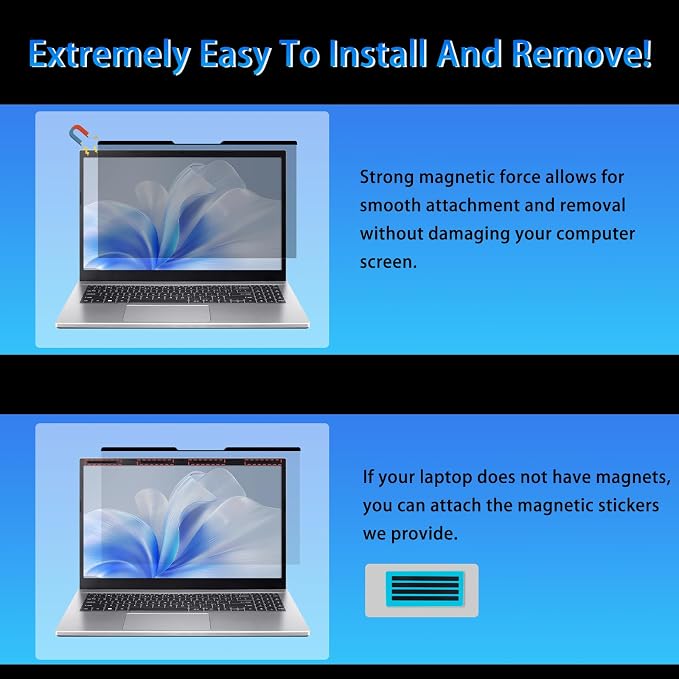 Magnetic Privacy Screen 15.6" 16:9 for Laptops - 2-Sided Removable Anti-Peeping/Anti-Glare, Blue Light Block, UV Protect, Reduce Strain, Fits Chromebook/Lenovo/HP/Dell/Acer/ASUS/XPS