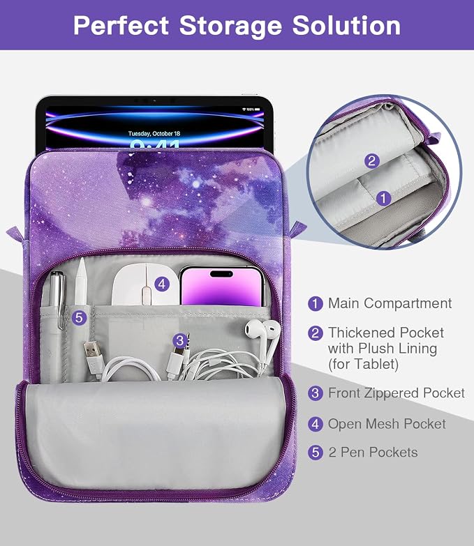 MoKo 13 Inch Tablet Sleeve Bag, Fits with 13 Inch New iPad Pro M5 & Air M4/M3, iPad Pro 12.9 M2&M1,Surface Laptop Go 12.4,Tab S8+/S9+ 12.4,Handle Carrying Case with Shoulder Strap, Purple Starry Sky