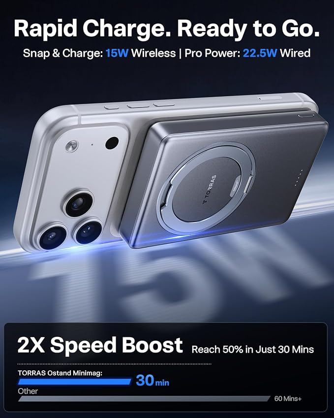 TORRAS Ostand Minimag 10000mAh Magnetic Portable Charger, 360° Rotatable Stand, 15W Wireless & 22.5W Fast Charging Battery Pack for iPhone 17/16/15/14 Pro Max Plus - Gray