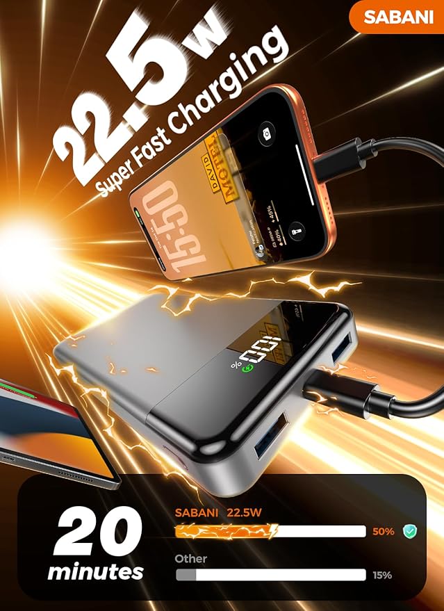 Portable Charger 35000mAh Power Bank - Powerbank with 4 Built in Cables, 22.5W Fast Charging Travel Camping Essential Battery Pack Compatible with iPhone 17 16 15 14 13 Samsung Google, 1 Pack, Silver