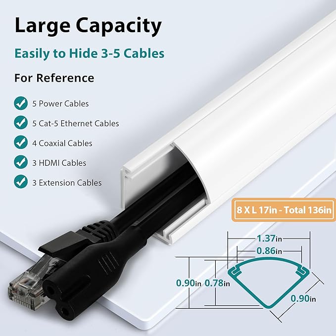 136in Corner Cable Concealer, Large Corner Cord Hider, Wire Covers for Cords, Paintable Corner Cord Cover, Cable Management Channel Cable Raceway for Wall, Floor Baseboard, Ceiling -8 X L17in