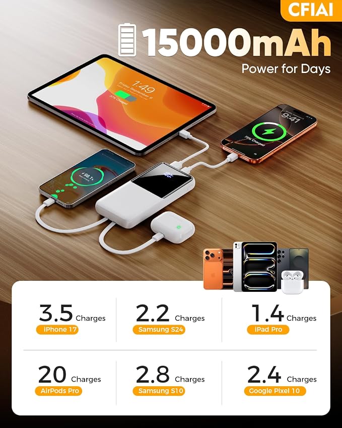 Portable Charger Power Bank - 50% Larger Capacity 15000mAh Battery Pack with Built in Cable, 22.5W Fast Charging Travel Camping Essential Powerbank for iPhone 17 16 Pro iPad Samsung S26 Google etc