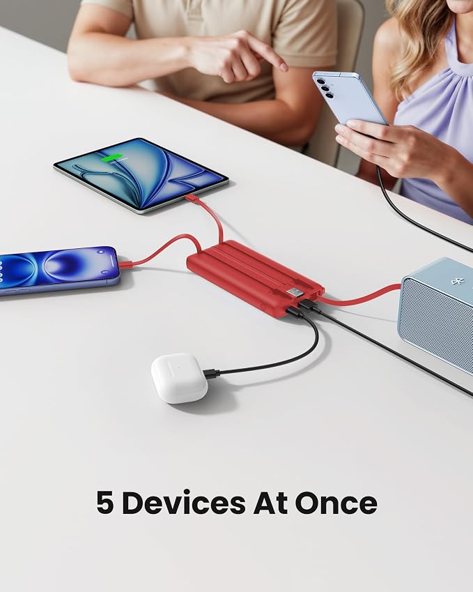 Portable Charger Power Bank, External Battery Pack with Cords Wires, Light 10000mAh Travel Essentials Battery Bank 5 Outputs 2 Inputs LED Display Compatible with iPhone/Android &More(Magenta)