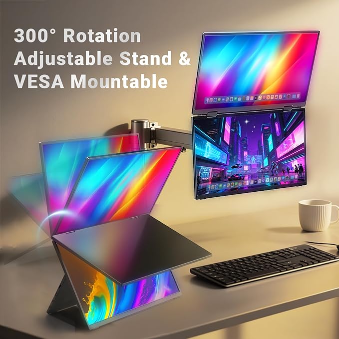 MINIX SF15 FOLD Dual 15.6" Foldable Portable Monitor, 1080P FHD, 300 nits, 100W PD, Low Blue Light, Recyclable Metal, Type-C & HDMI for Laptops, Study, Creative Projects, Office Collaboration
