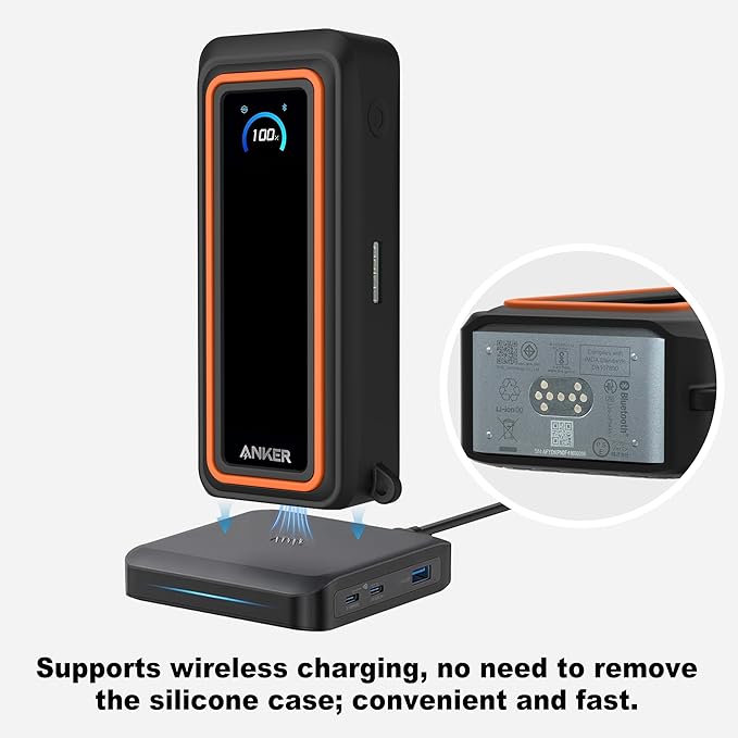 Silicone Case for Anker Prime Power Bank (26,250mAh 300W) Travel Protective Cover, Shockproof | Compact | Tactile Grip | Impact Protect for Anker Power Bank (300W), LCD Display Visible (Black Orange)
