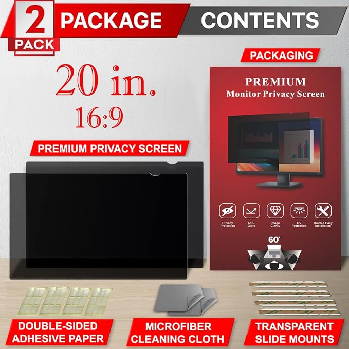 [2 Pack] 20 Inch Privacy Screen Filter for Widescreen 16:9 Monitor | Privacy Shield | Anti-Glare | Anti-Blue light Protector | Eye Protection | Computer Security Private Filter