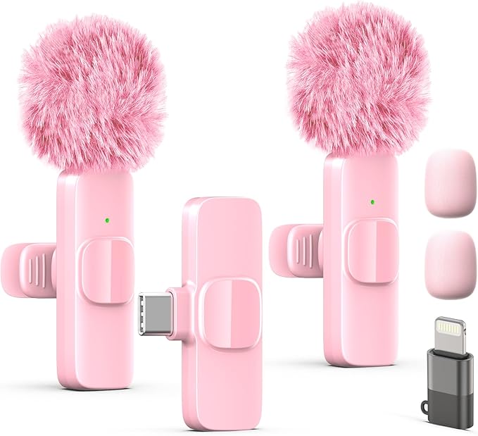 Wireless Lavalier Lapel Microphone for iPhone, iPad, mini Video Recording Mic for Interview Video Podcast Vlog YouTube & Livestream, Noise Reduction, Plug & Play (Pink Type C & Lightning Port)
