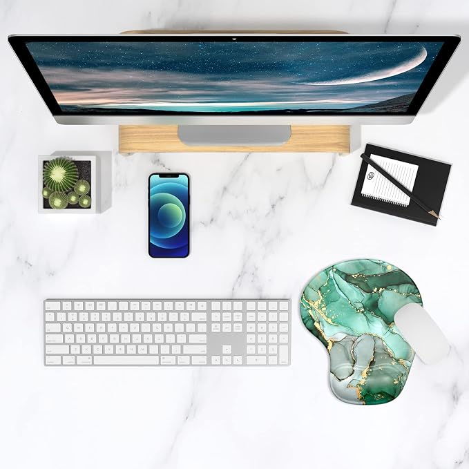 ITNRSIIET Ergonomic Mouse Pad with Gel Wrist Support Wrist Rest Smooth Surface Non-Slip PU Base Comfortable Office Supplies Pain Relief, 9.5 x 8 inches, Green Marble Texture