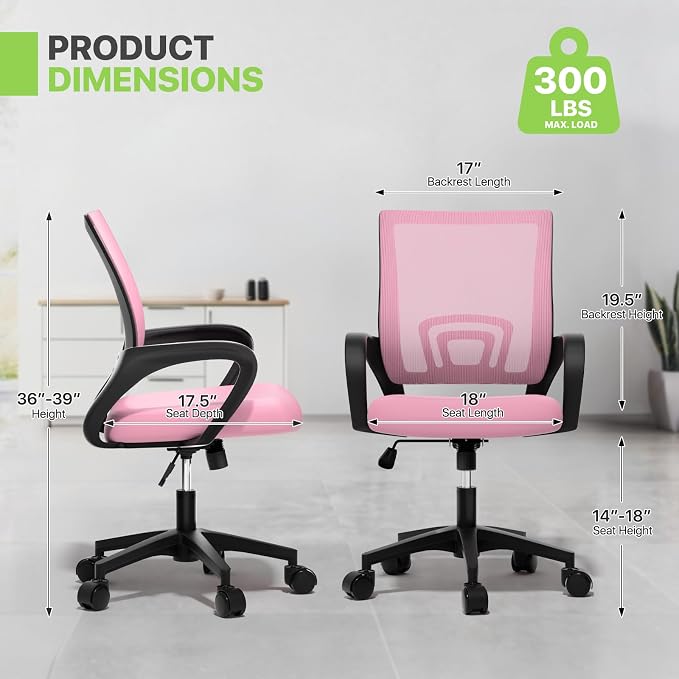 Magshion Ergonomic Office Desk Chair, Mid-Back Mesh Computer Chair, Swivel Chair with Breathable Backrest & Lumbar Support, Adjustable Height for Gaming, Work, Study, 300 Lbs Capacity, Pink